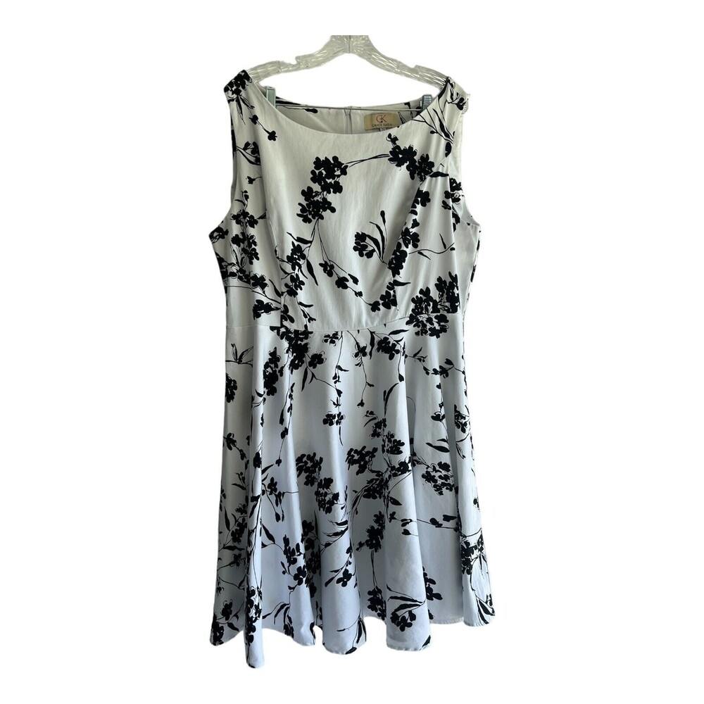 Grace Karin  Dress Size 2X White and Black Leaves Fit Flare Circle Swing #105